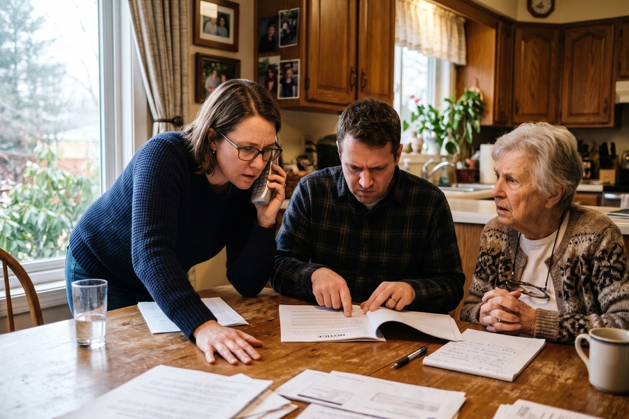 Family member calling elder fraud hotline while reviewing nursing home documents