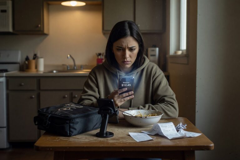 Gig worker reviewing bank overdraft fee protection options on smartphone