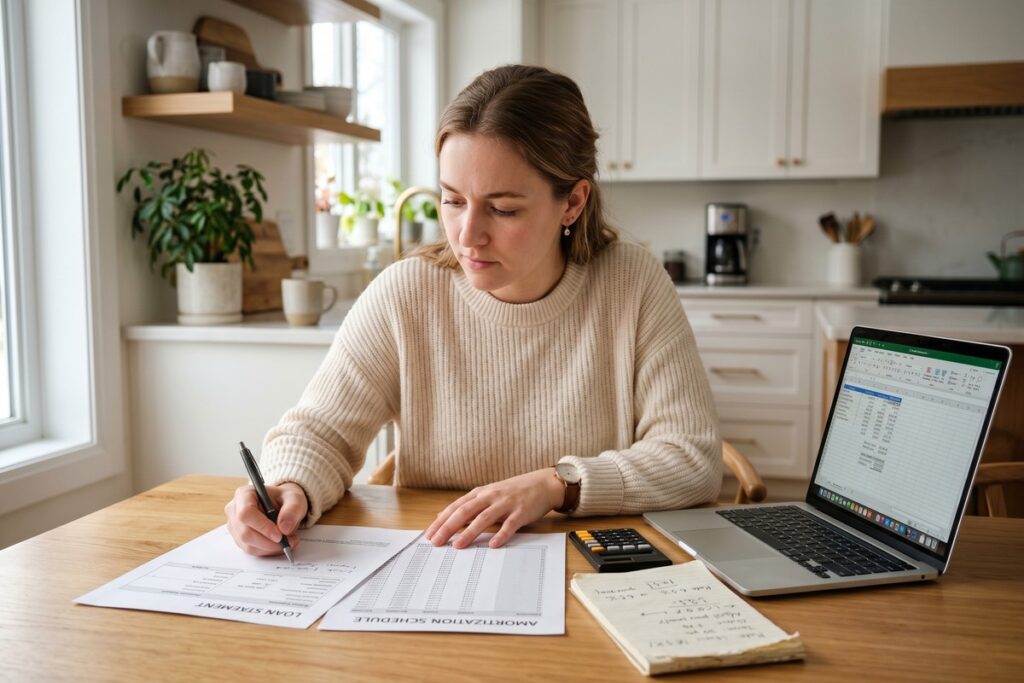 Person calculating whether to pay off a short-term loan early using a calculator and loan documents