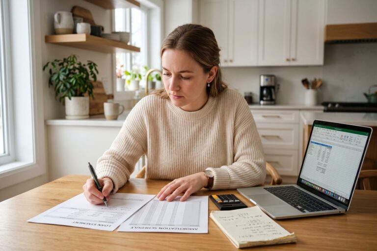 Person calculating whether to pay off a short-term loan early using a calculator and loan documents