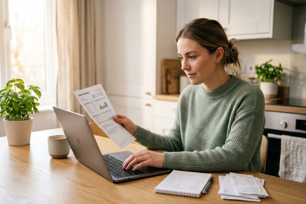 Person reviewing budget plan to pay off short-term loan fast
