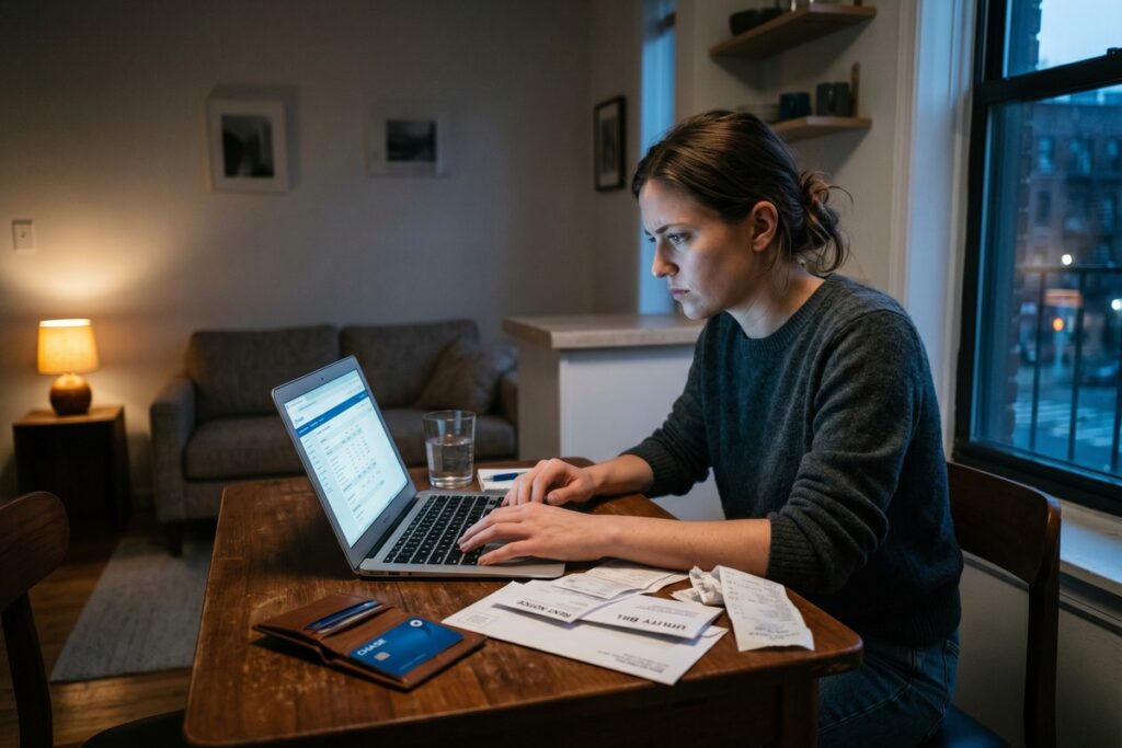 Stressed person reviewing empty wallet and bills during a paycheck to paycheck emergency