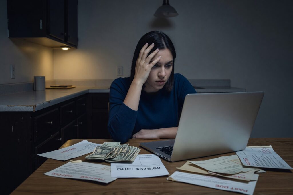 Stressed borrower reviewing payday loan documents highlighting debt trap warning signs