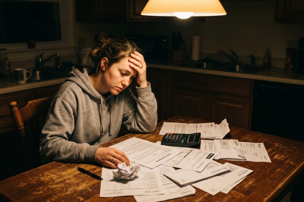 Stressed borrower reviewing payday loan rollover fees and debt cycle documents at a desk