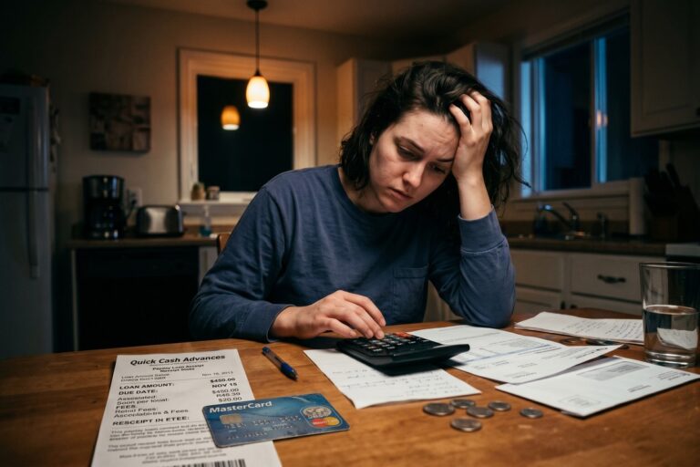 A person comparing a payday loan document and a credit card cash advance statement at a kitchen table