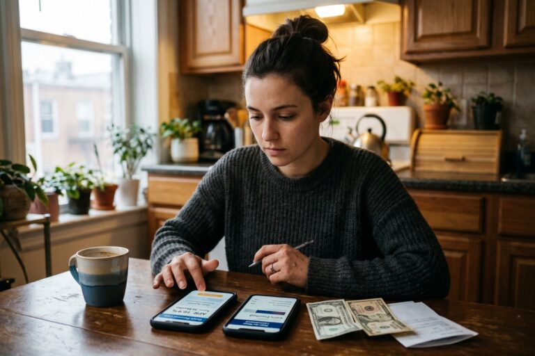 Side-by-side comparison of a payday loan storefront and a peer-to-peer lending app on a smartphone screen