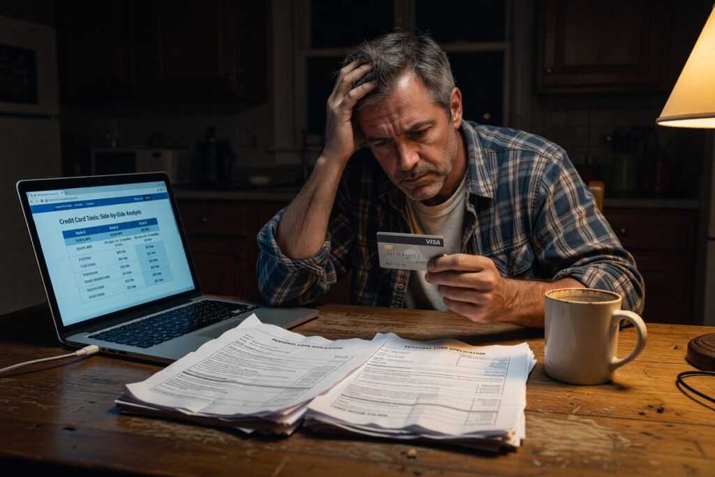 Person comparing personal loan vs cash advance options on laptop during financial emergency