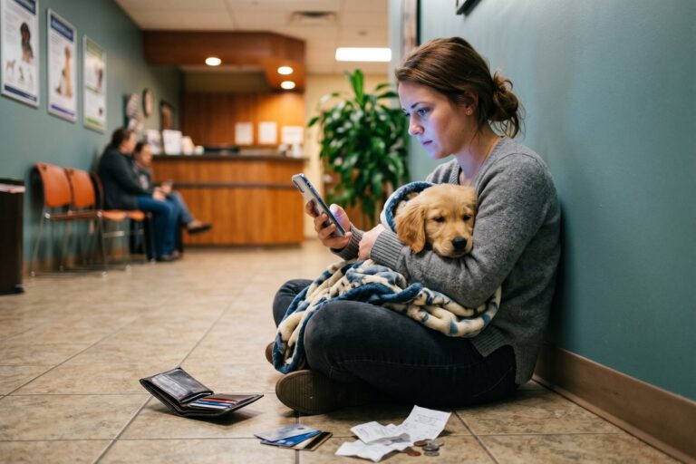 Worried pet owner reviewing pet emergency funding options at a veterinary clinic