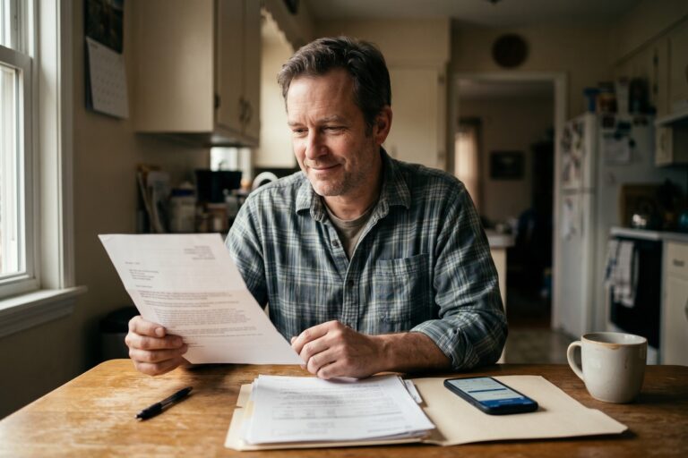 Plaintiff reviewing a pre-settlement funding agreement and payoff table at a desk with legal documents