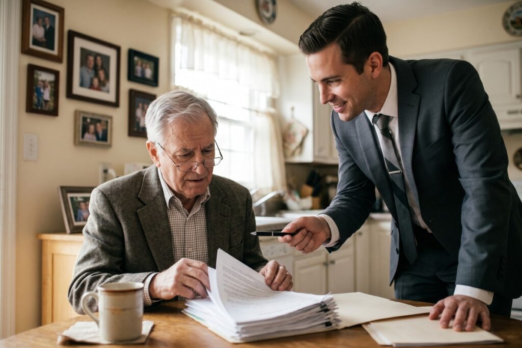 Elderly senior reviewing a loan document with a concerned expression, highlighting predatory lending targeting seniors