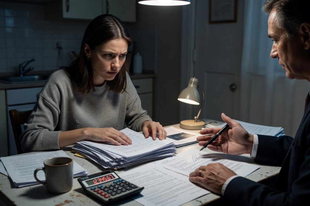First-time borrower reviewing loan documents with predatory lending warning signs highlighted