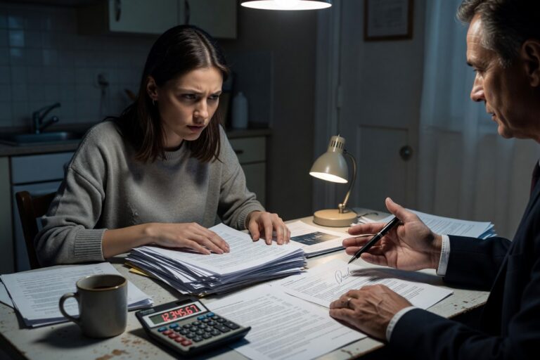 First-time borrower reviewing loan documents with predatory lending warning signs highlighted