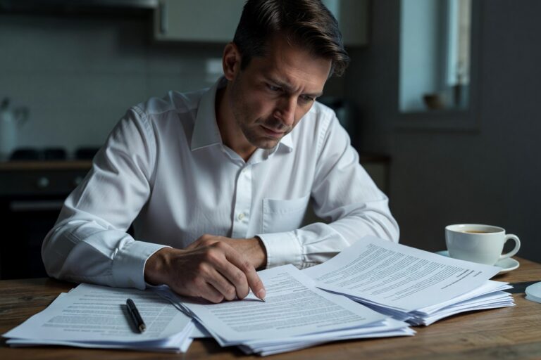 Borrower reviewing a loan agreement document highlighting predatory loan red flags