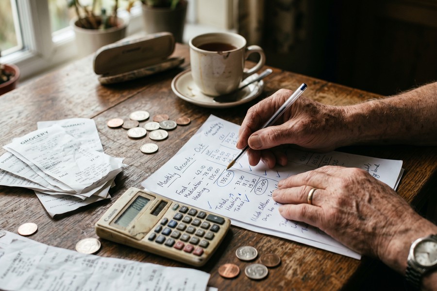 Senior reviewing loan documents at a kitchen table, highlighting suspicious fees