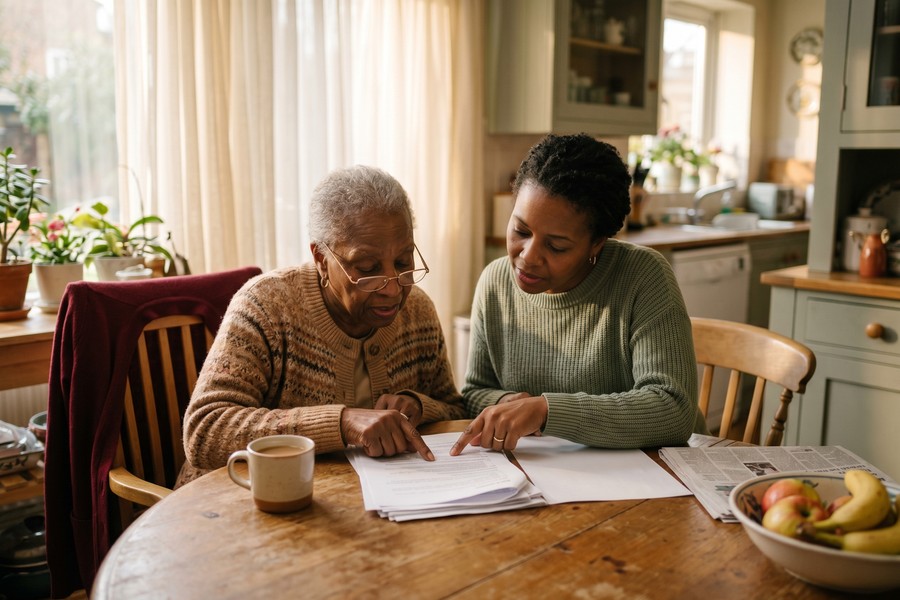Adult child helping elderly parent review financial documents and online accounts