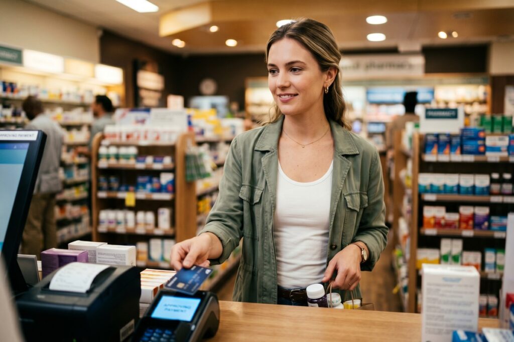 A prepaid debit card held in hand with a financial document showing fee disclosures in the background
