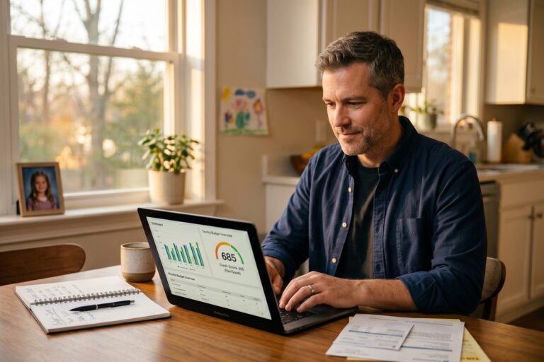 Divorced parent reviewing credit report and budget spreadsheet at kitchen table with child support documents nearby