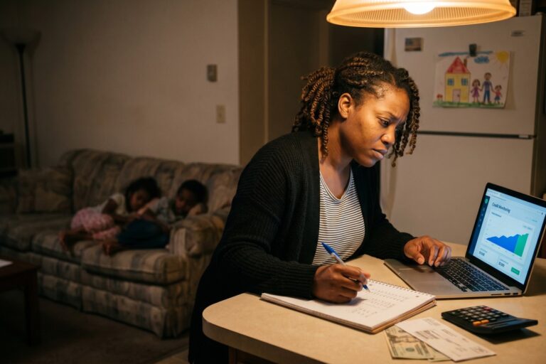 Single mother reviewing her credit report and budget at a kitchen table with her children nearby