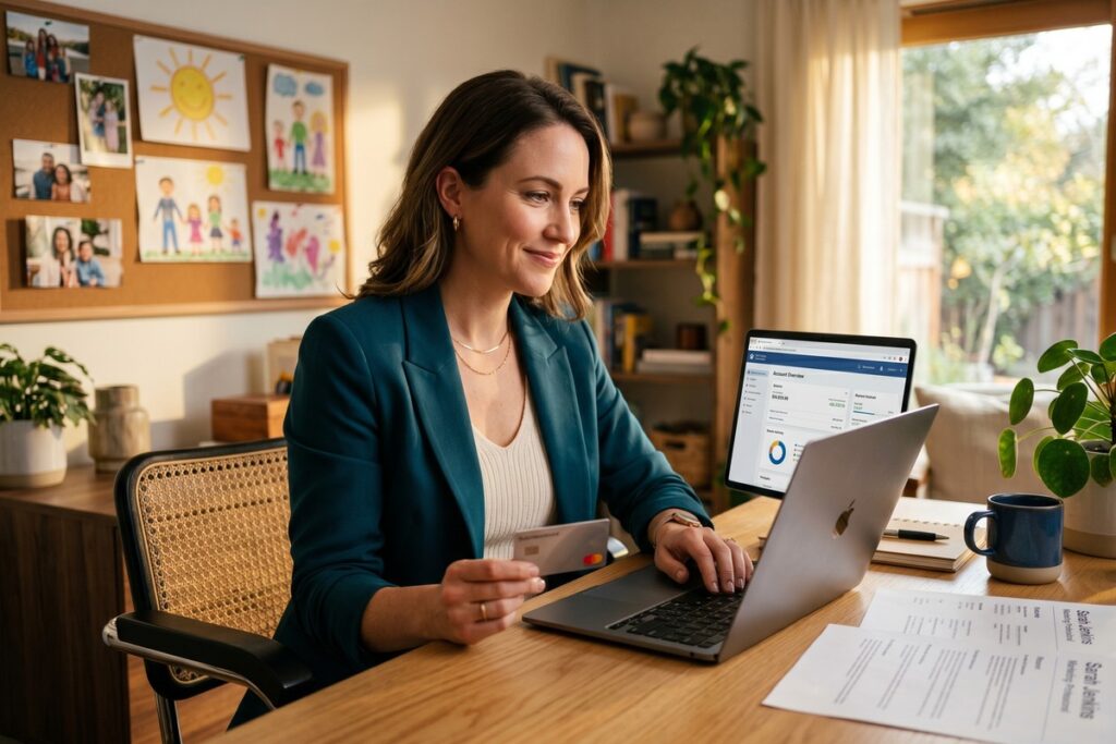Stay-at-home parent reviewing credit report at home desk while planning return to workforce