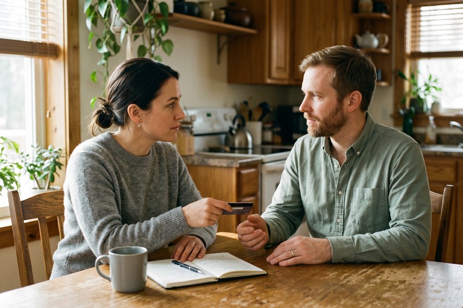 Two adults discussing credit card account at dining room table with paperwork