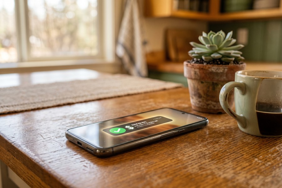 Smartphone screen showing credit score monitoring app with upward progress chart