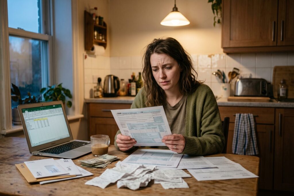 Person reviewing refund anticipation loan documents at a desk during tax season 2026