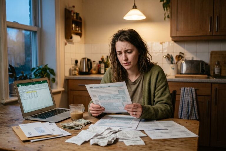 Person reviewing refund anticipation loan documents at a desk during tax season 2026