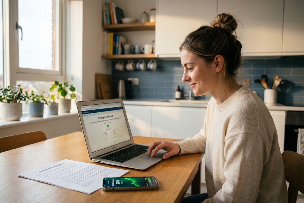 Person reviewing credit score improvement after using a rent reporting service on a laptop