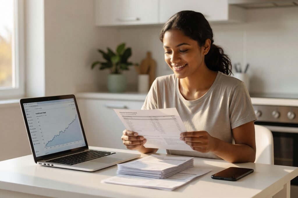 Renter reviewing credit score improvement from rent reporting service on laptop