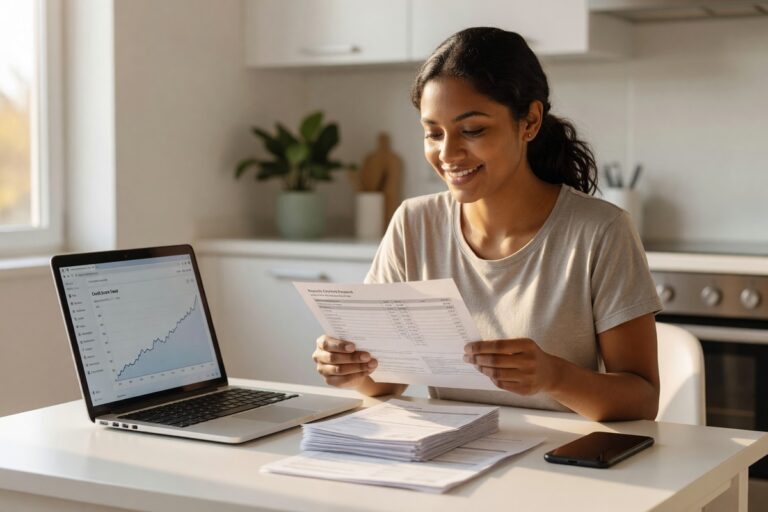 Renter reviewing credit score improvement from rent reporting service on laptop
