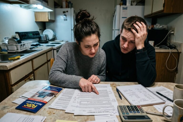 Person reviewing a rent-to-own contract with fine print highlighted at a desk