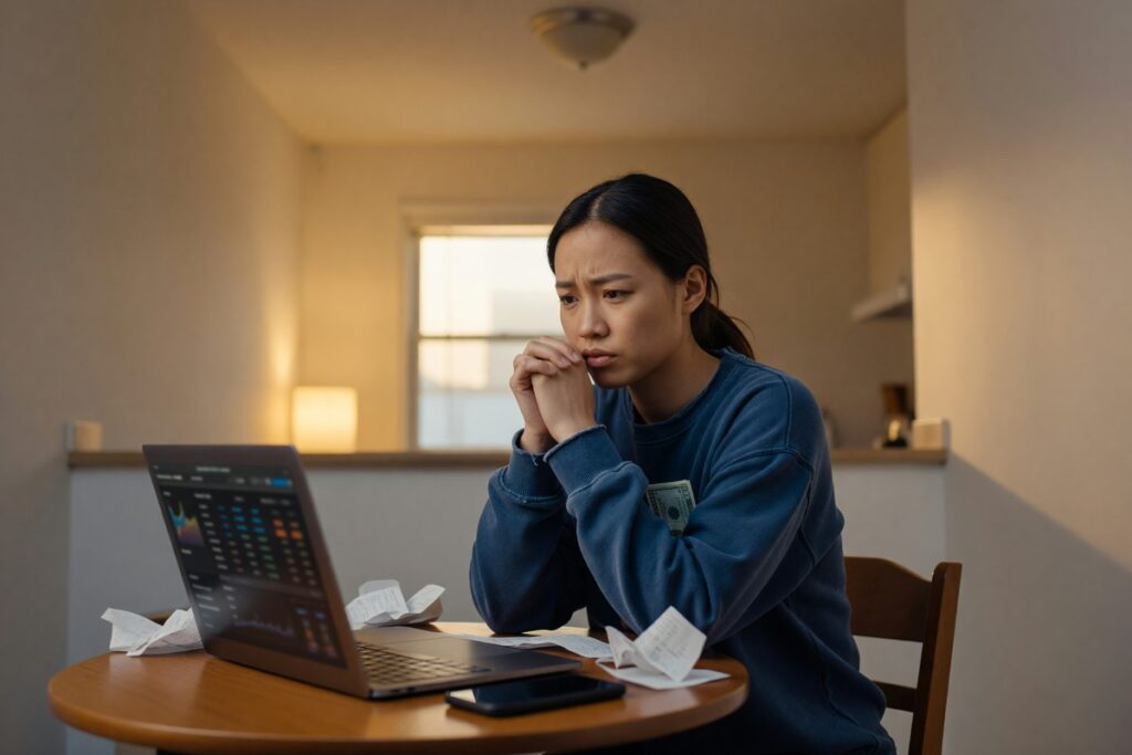 Stressed renter reviewing emergency funding options with no savings or credit card available