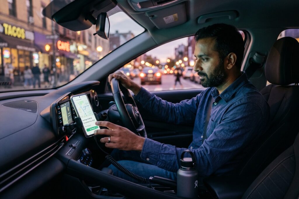 Rideshare driver reviewing emergency funding options on smartphone inside car