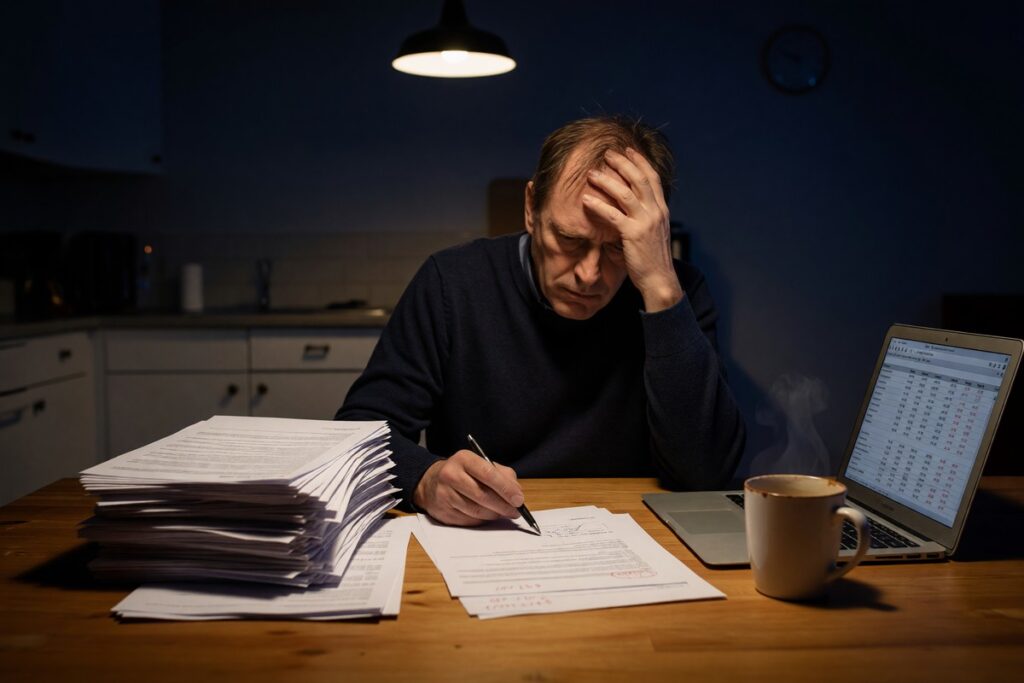 Borrower reviewing rollover loan terms and fees before signing a short-term loan agreement