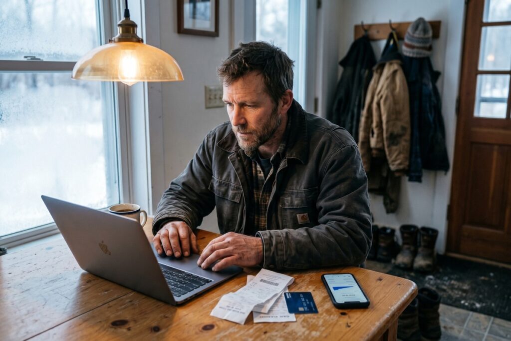 Seasonal worker reviewing bills and loan options at a kitchen table during the off-season