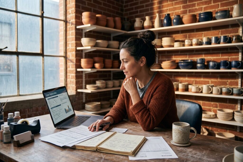 Sole proprietor reviewing short-term business loan options on a laptop at a small business desk