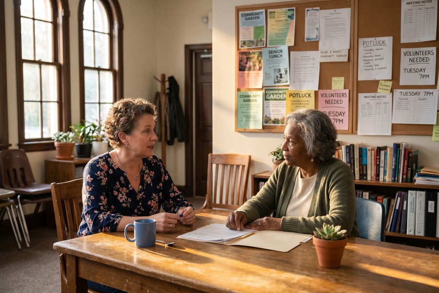 Homeowner meeting with credit union loan officer at community branch