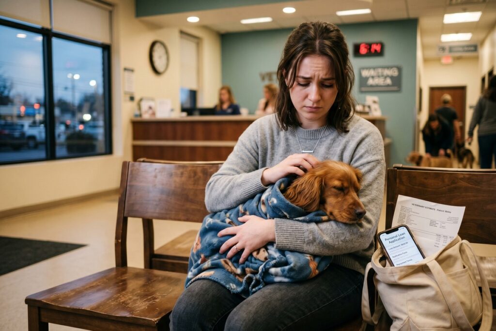 Pet owner reviewing short-term loan options to cover an emergency vet bill