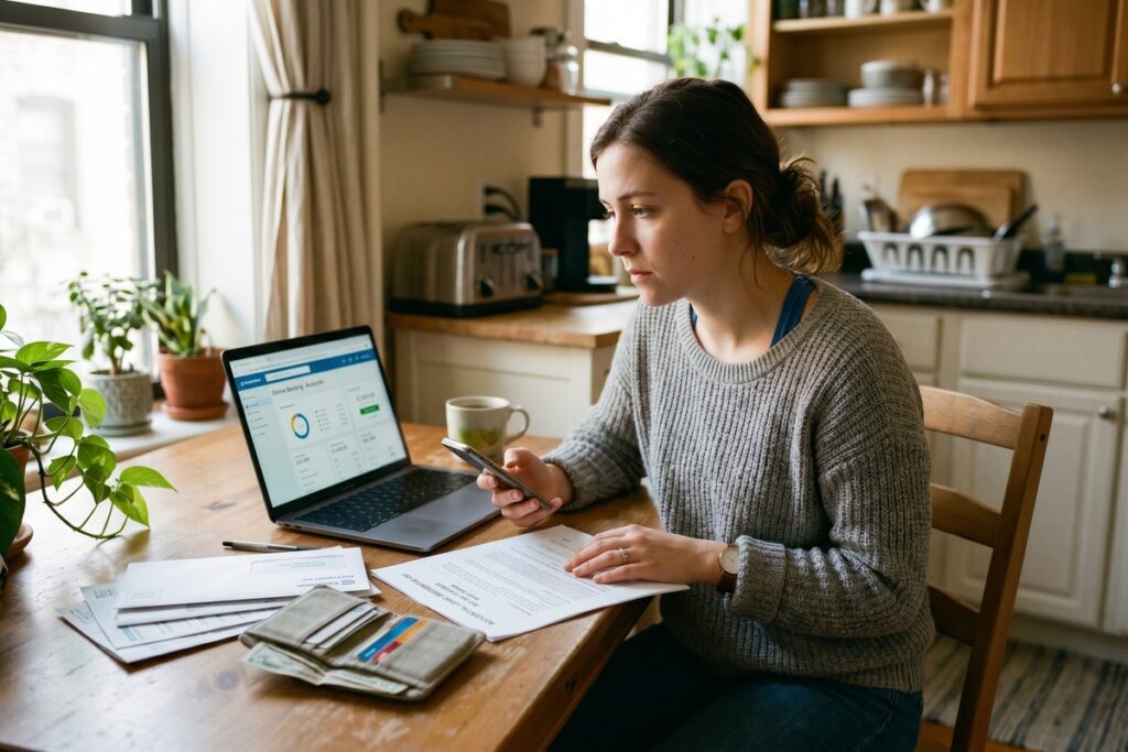 Person reviewing a short-term loan agreement to cover monthly rent payment