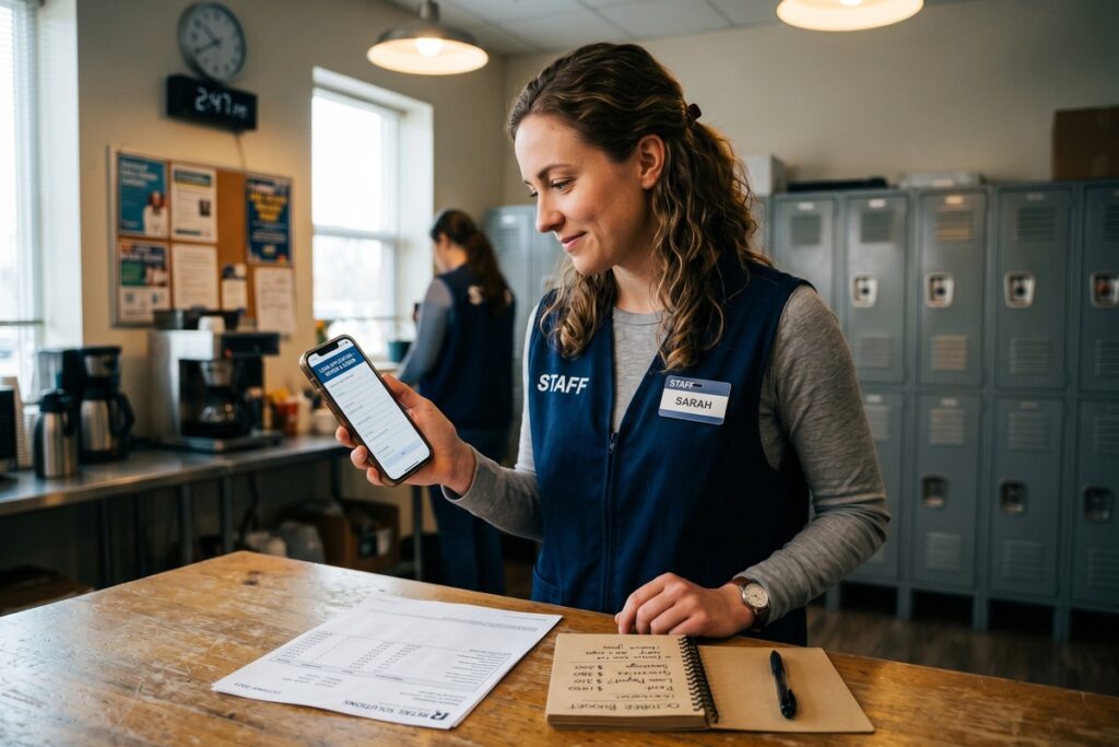 Retail worker reviewing short-term loan options on a smartphone during a break
