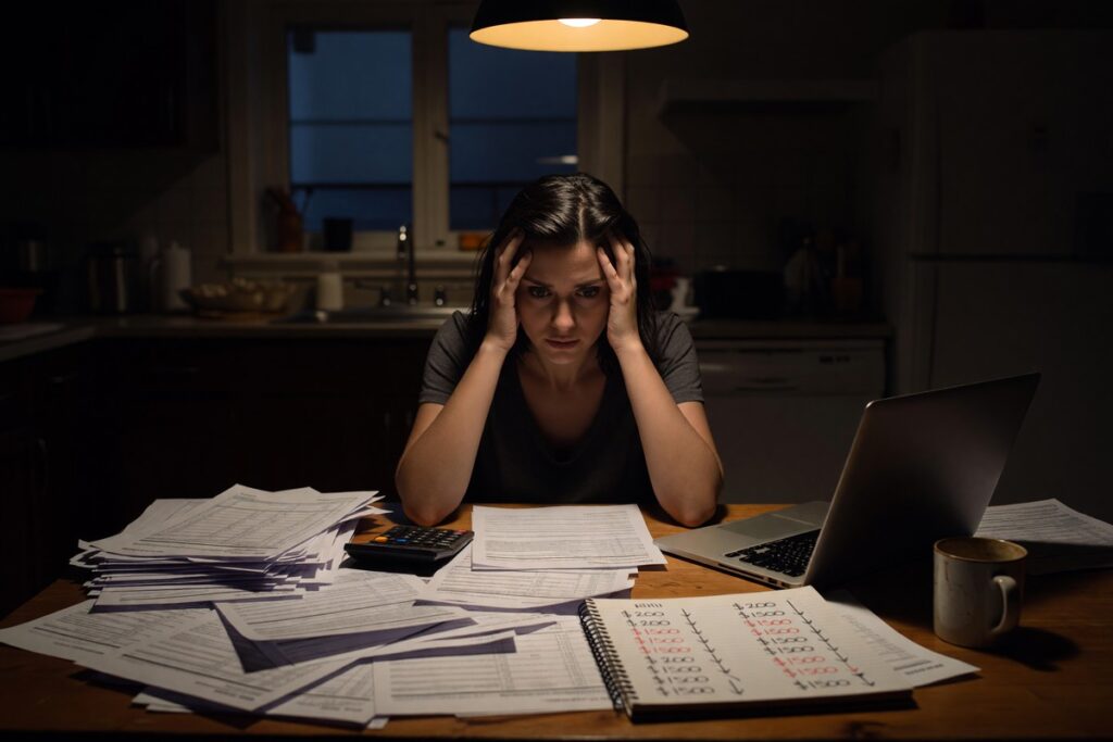 Calculator and loan documents showing short-term loan rollover cost breakdown with compounding fees