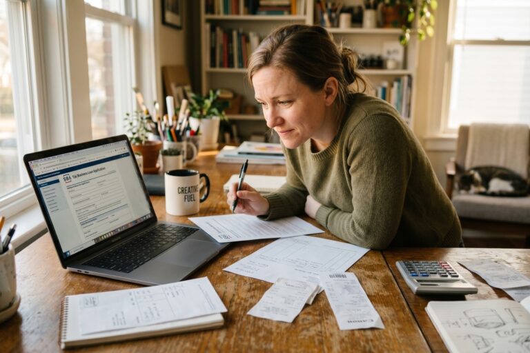 Self-employed person reviewing short-term loan options on a laptop at a home office desk