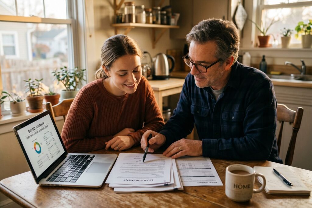 Two people reviewing a short-term loan cosigner agreement at a desk
