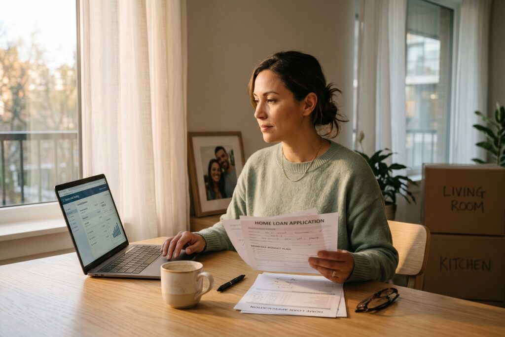 Person reviewing financial documents and budgeting after divorce with short-term loan options on a laptop