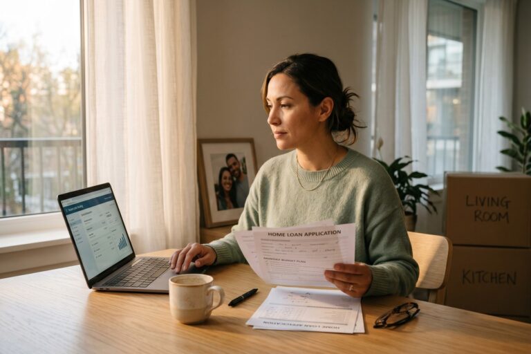 Person reviewing financial documents and budgeting after divorce with short-term loan options on a laptop