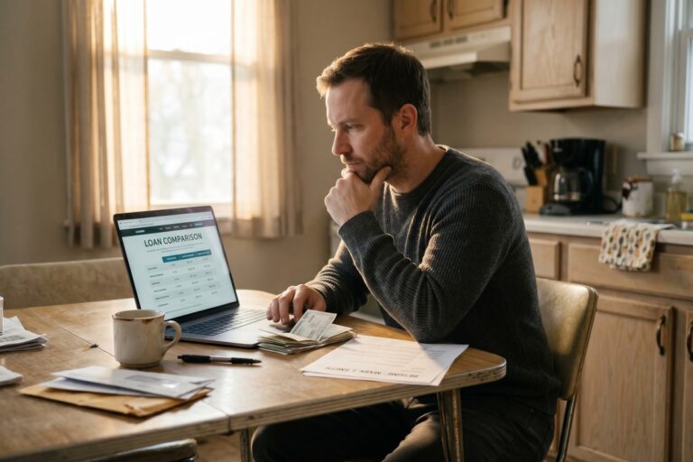 Person reviewing short-term loan options on a laptop after job loss