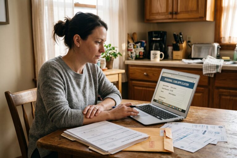 Person reviewing short-term loan options after receiving medical bills with existing debt