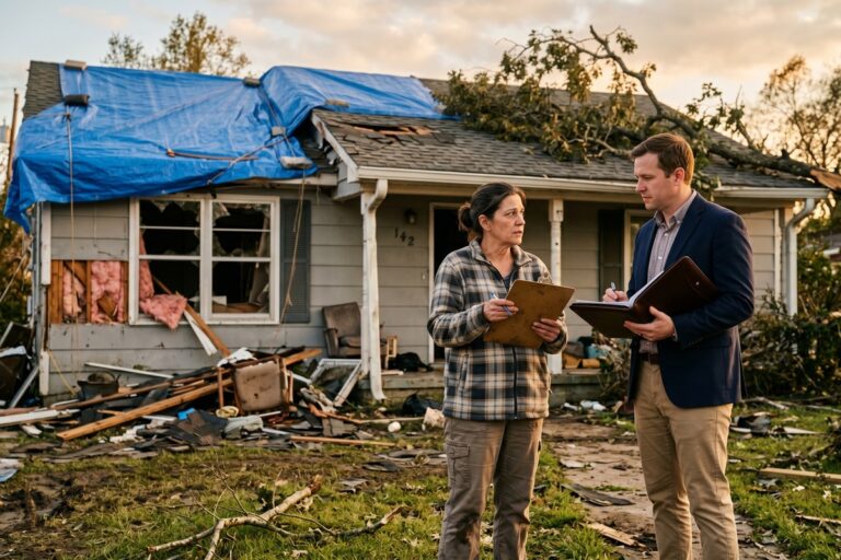 Homeowner standing in front of flood-damaged house reviewing financial documents after a natural disaster
