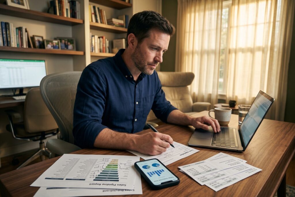 Commission-based worker reviewing two years of tax returns and pay stubs at a desk while applying for a short-term loan