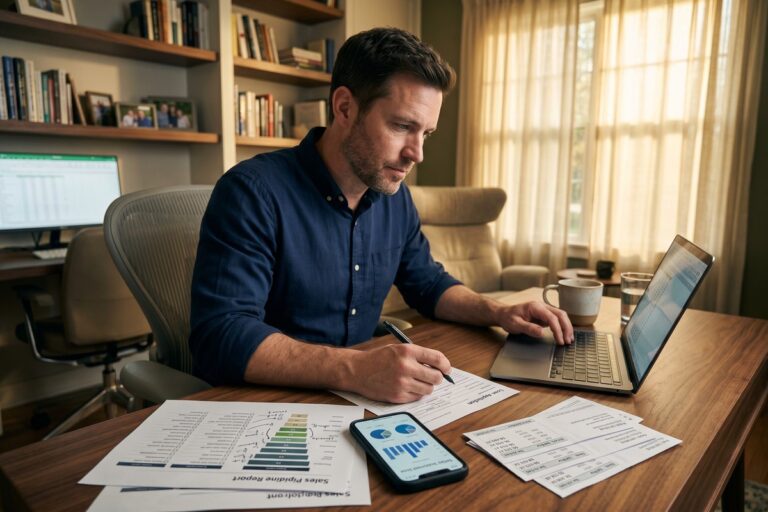 Commission-based worker reviewing two years of tax returns and pay stubs at a desk while applying for a short-term loan
